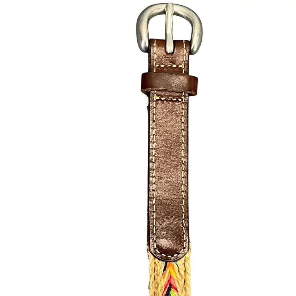 Rainbow Chevron Jute Braided Silver Buckle Brown Genuine Leather Belt 32” - 36”